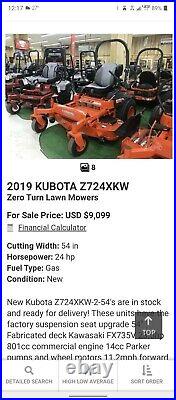 2019 Kubota Z724 54in Zero Turn Mower Susp Seating Kaw Eng Low Hrs 178 Hrs