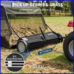 52 Tow Behind Lawn Sweeper 33.55 Cu Ft Hopper Tool-Free Adjustable Brush Height